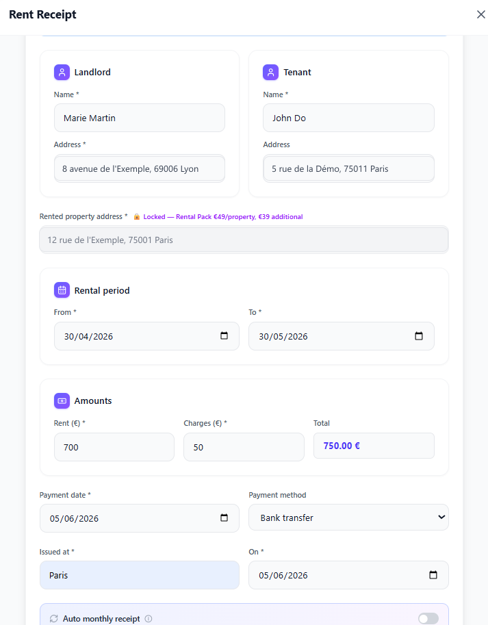 AdminLanding rental form with pre-filled landlord and tenant details