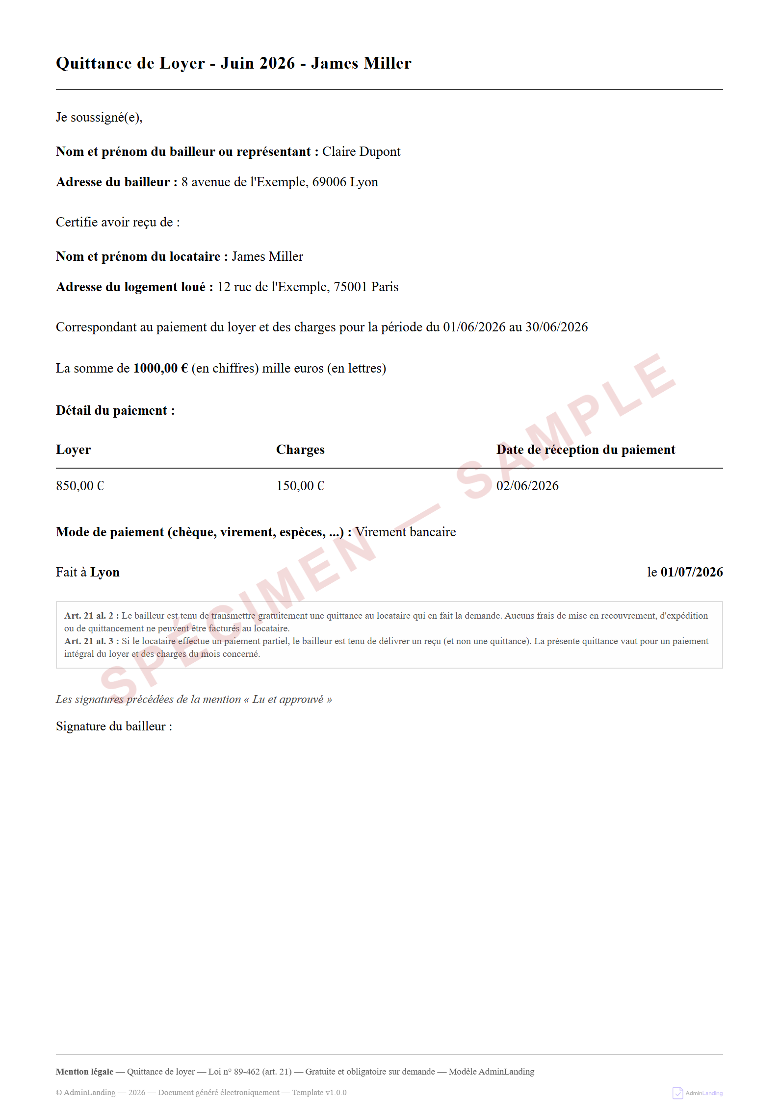 AdminLanding rental document preview showing generated French document