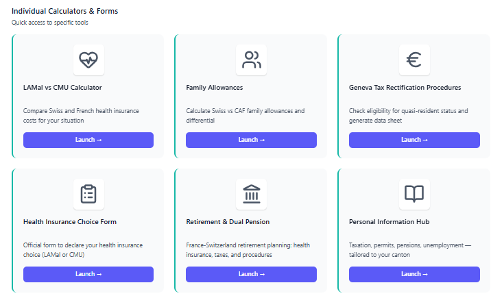 AdminLanding cross-border web toolkit — LAMal/CMU, CAF, Geneva quasi-resident calculators